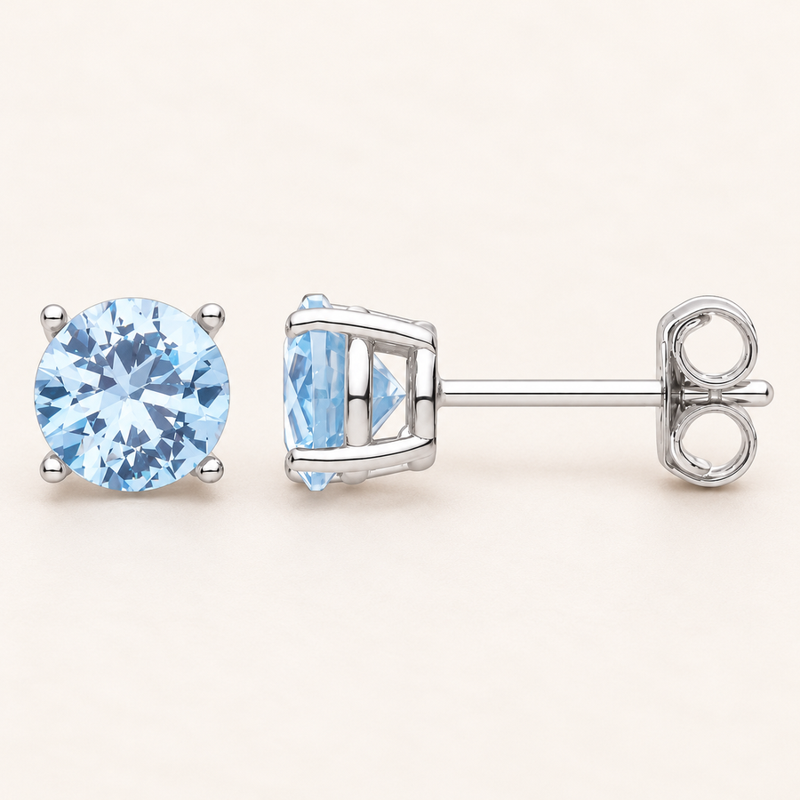 Puces en argent 925 et zirconium bleu, taille brillant, 6 mm
