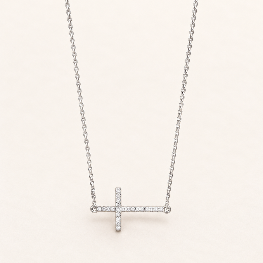 925 sterling silver Cz Sideways Cross Pendant 16" Necklace