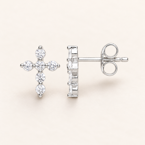 Silver CZ Small Cross Stud Earrings