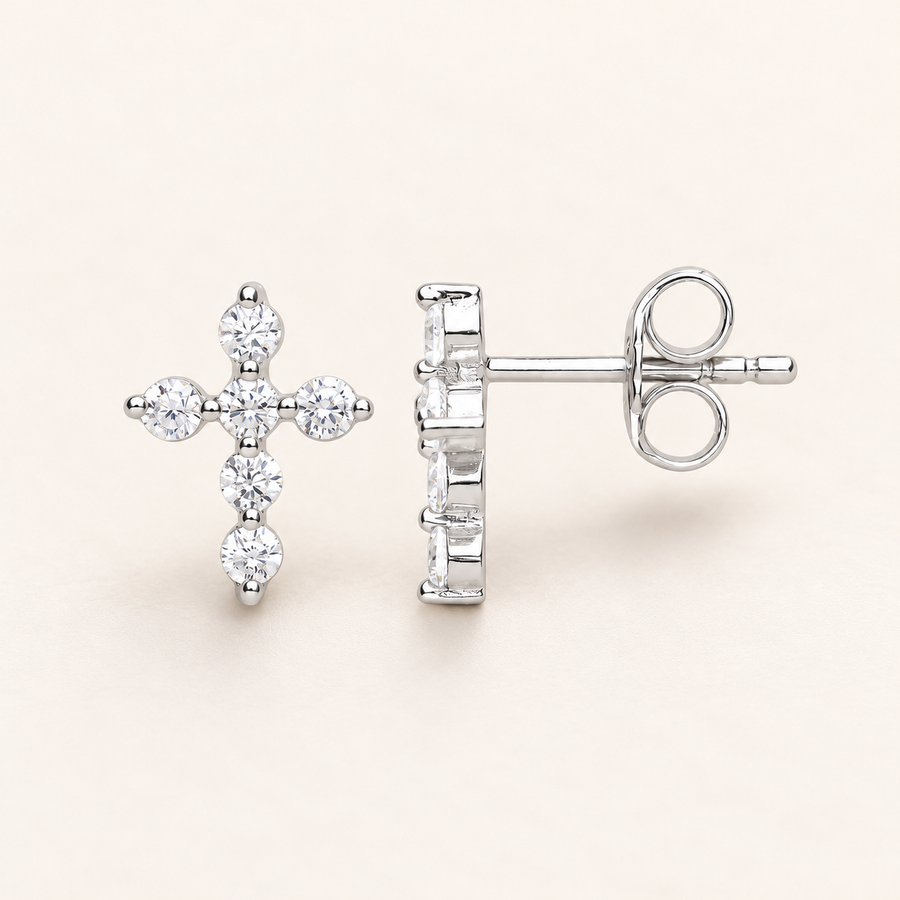 Puces d’oreilles petite croix en argent 925 et zirconium