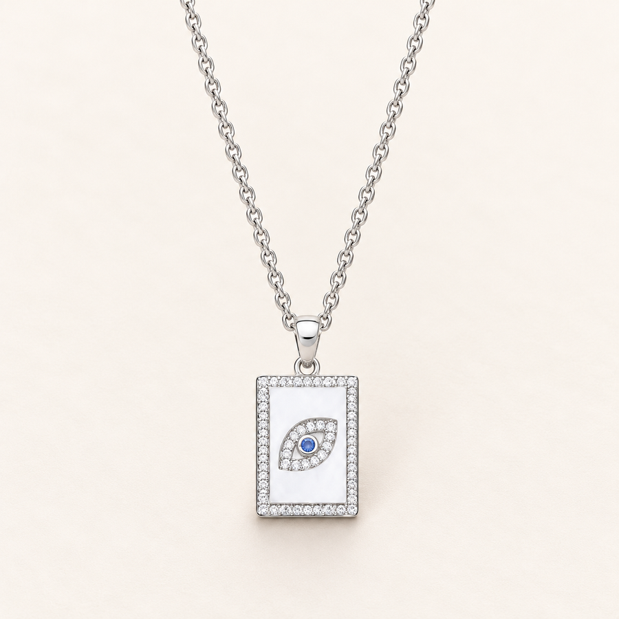 925 sterling silver Dog Tag CZs Evil Eye Pendant on Chain