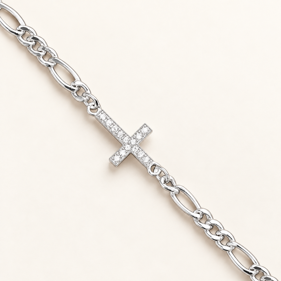Bracelet maille Figaro avec croix en oxyde de zirconium — argent 925