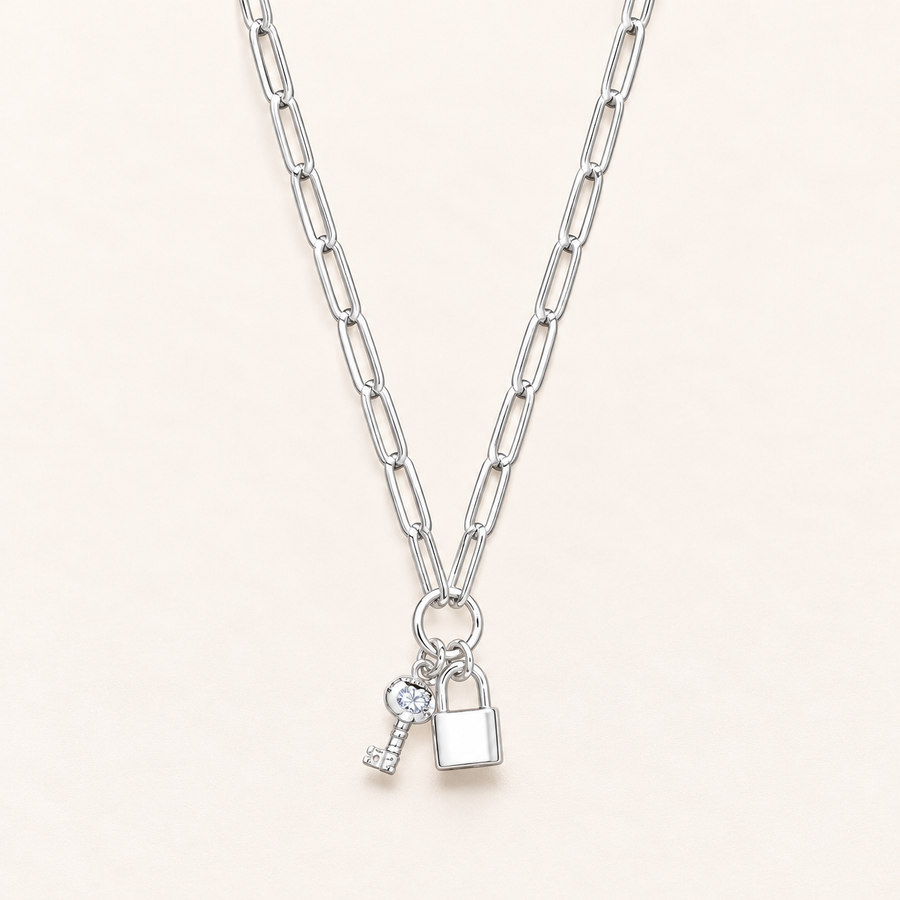 925 sterling silver Paper Clip Chain , Padlock &amp; CZ Key Necklace