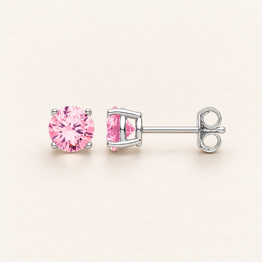 Puces en argent 925 et zirconium rose, taille brillant, 6 mm