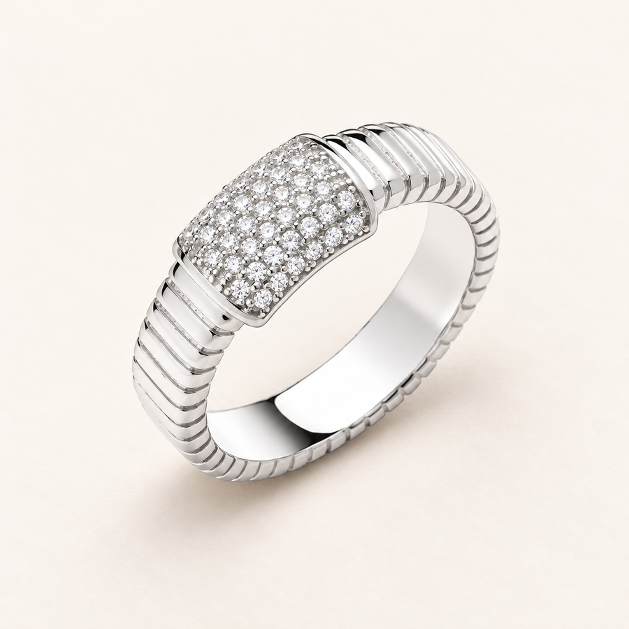 925 sterling silver Ribbed Link with CZ ID Plate Ring