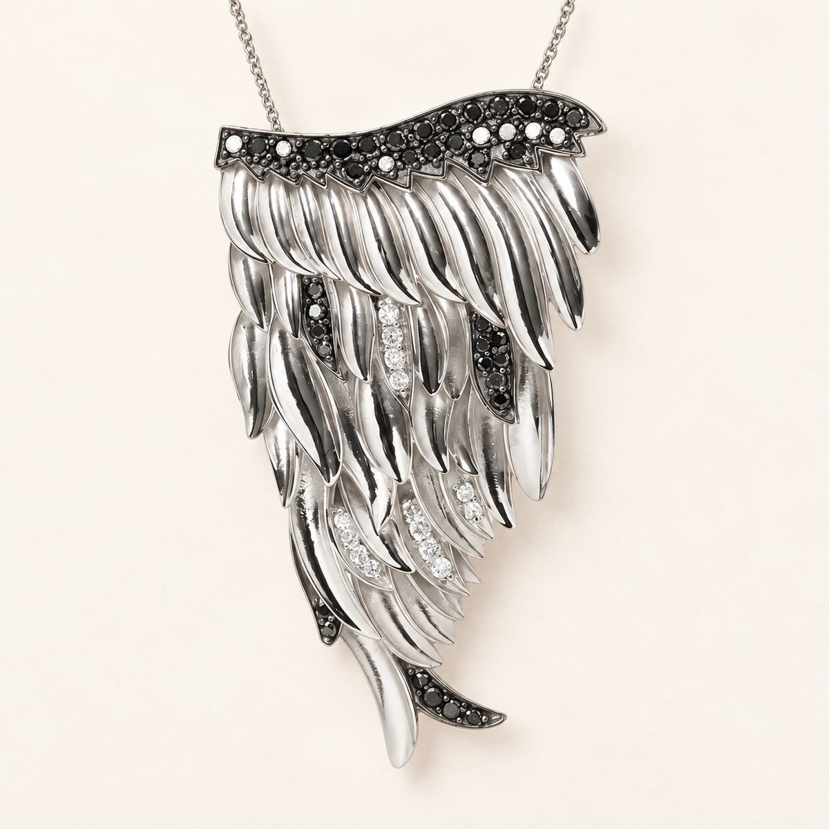 Silver, White Diamond &amp; Black Diamond Angel Large Wing Pendant