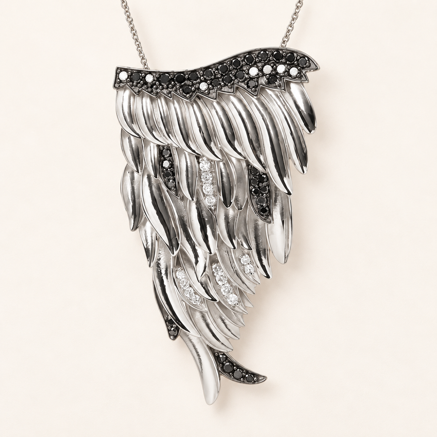 Grand pendentif aile d’ange en argent 925, diamants blancs et noirs