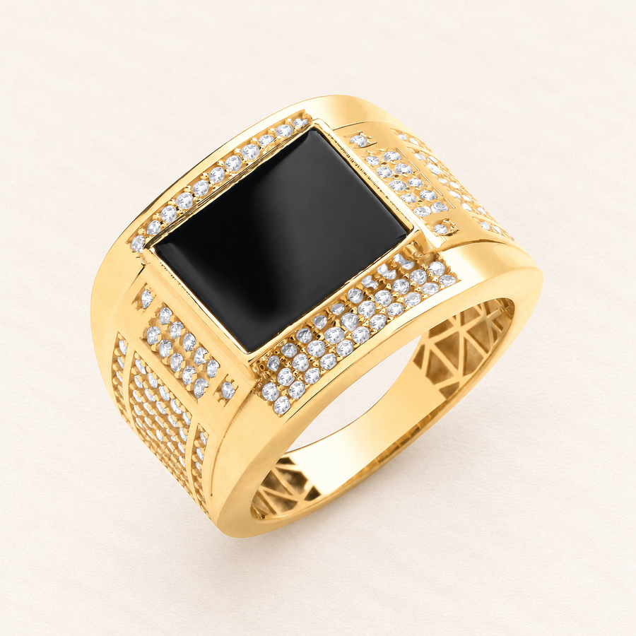 Chevalière Onyx — or jaune 9 carats et oxydes de zirconium
