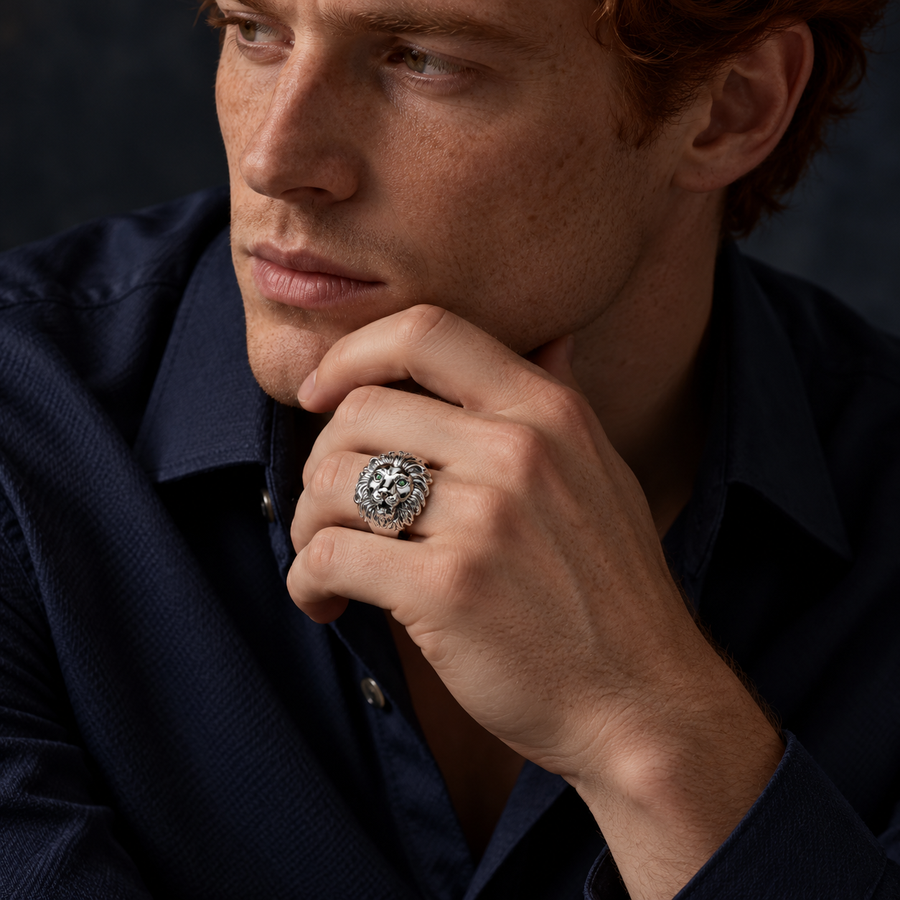 Bague homme tête de lion en argent