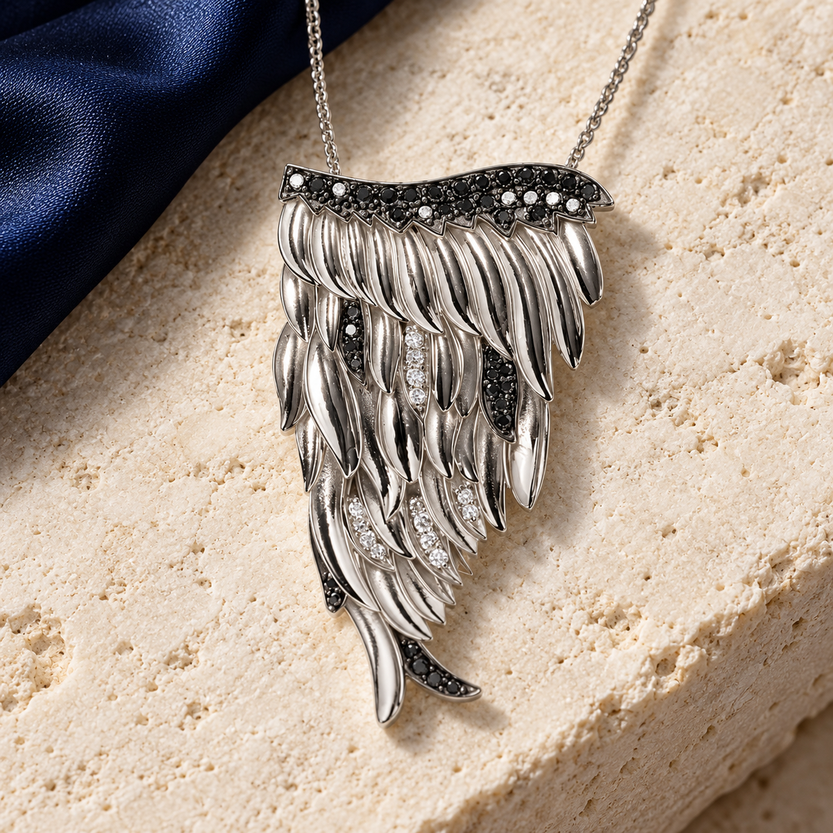Silver, White Diamond &amp; Black Diamond Angel Large Wing Pendant
