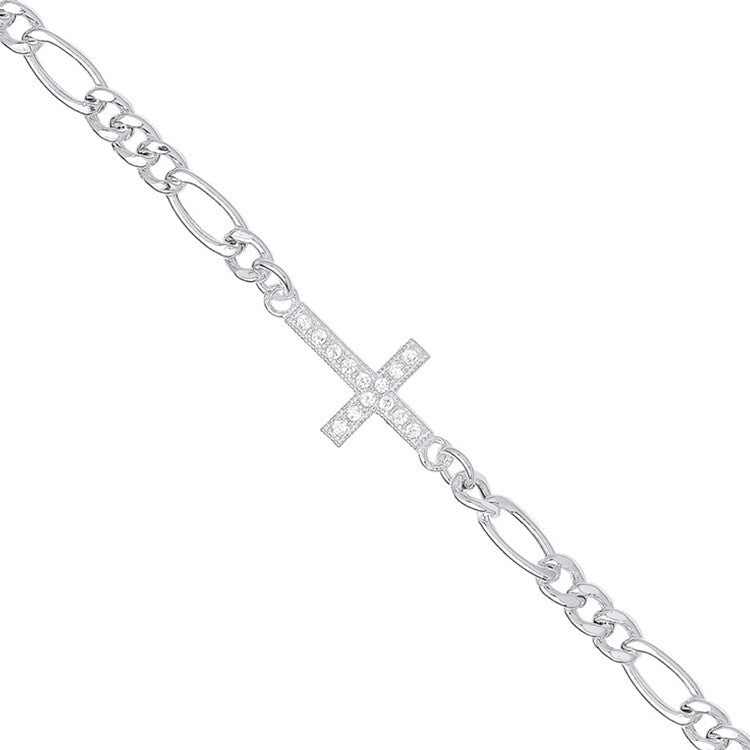 Silver Figaro Chain with Cz Cross Bracelet