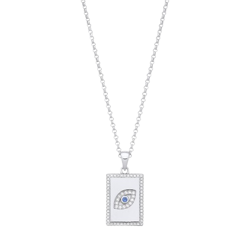 Silver Dog Tag CZs Evil Eye Pendant on Chain