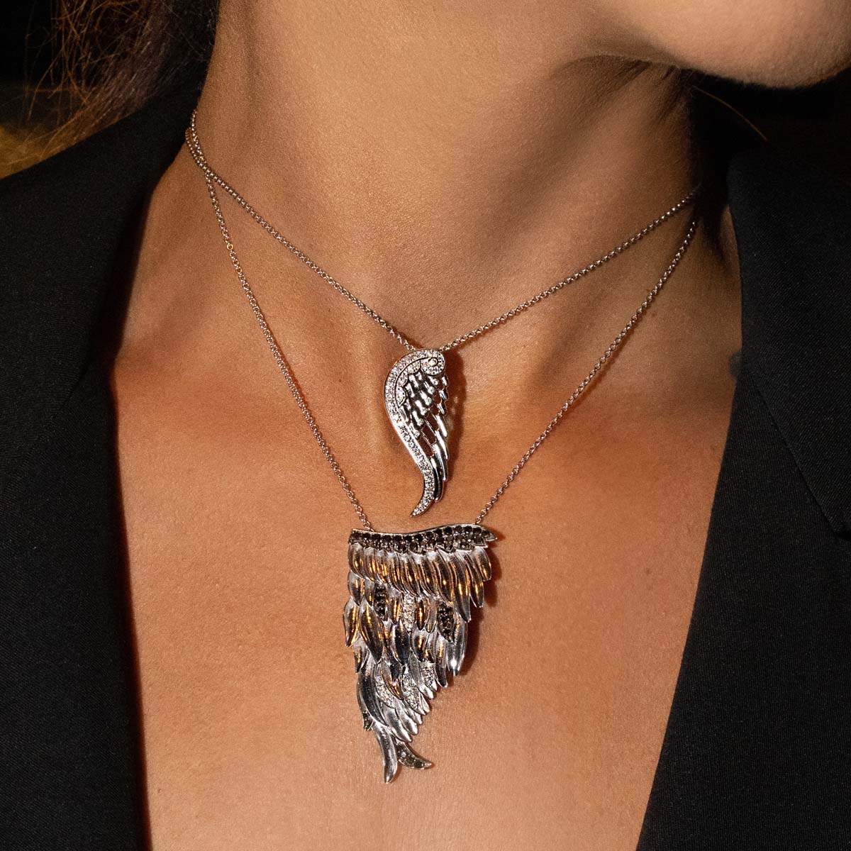 Silver, White Diamond & Black Diamond Angel Large Wing Pendant