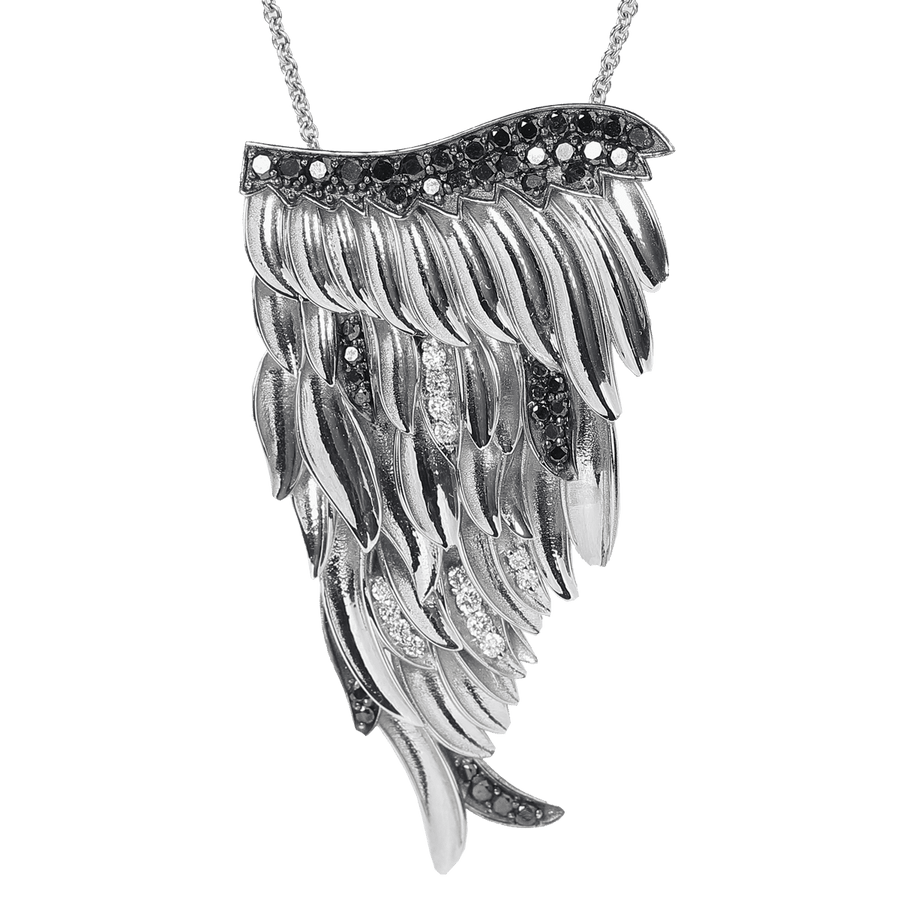 Large angel wing pendant in white gold, white diamond and black diamond