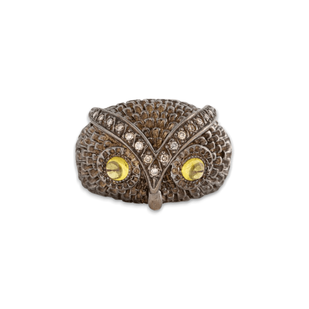 Silver, diamond and citrine cabochon owl ring