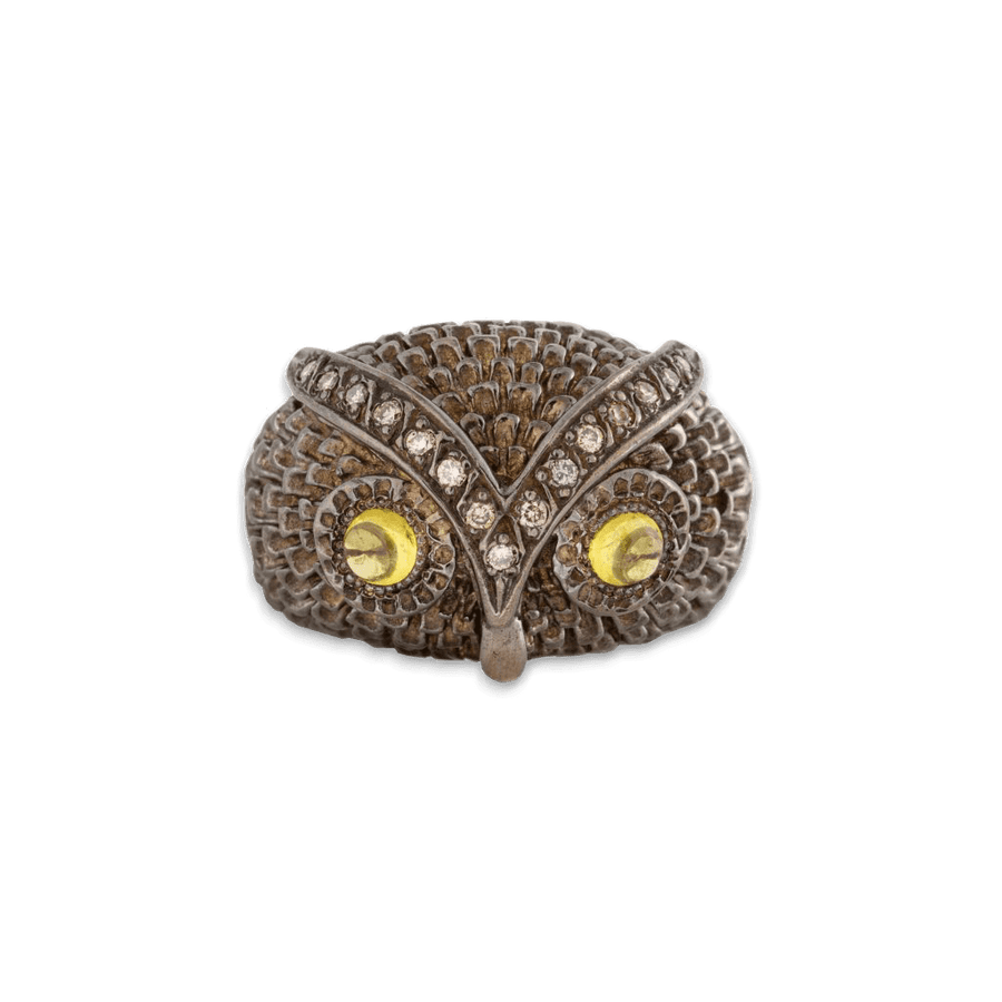 Silver, diamond and citrine cabochon owl ring