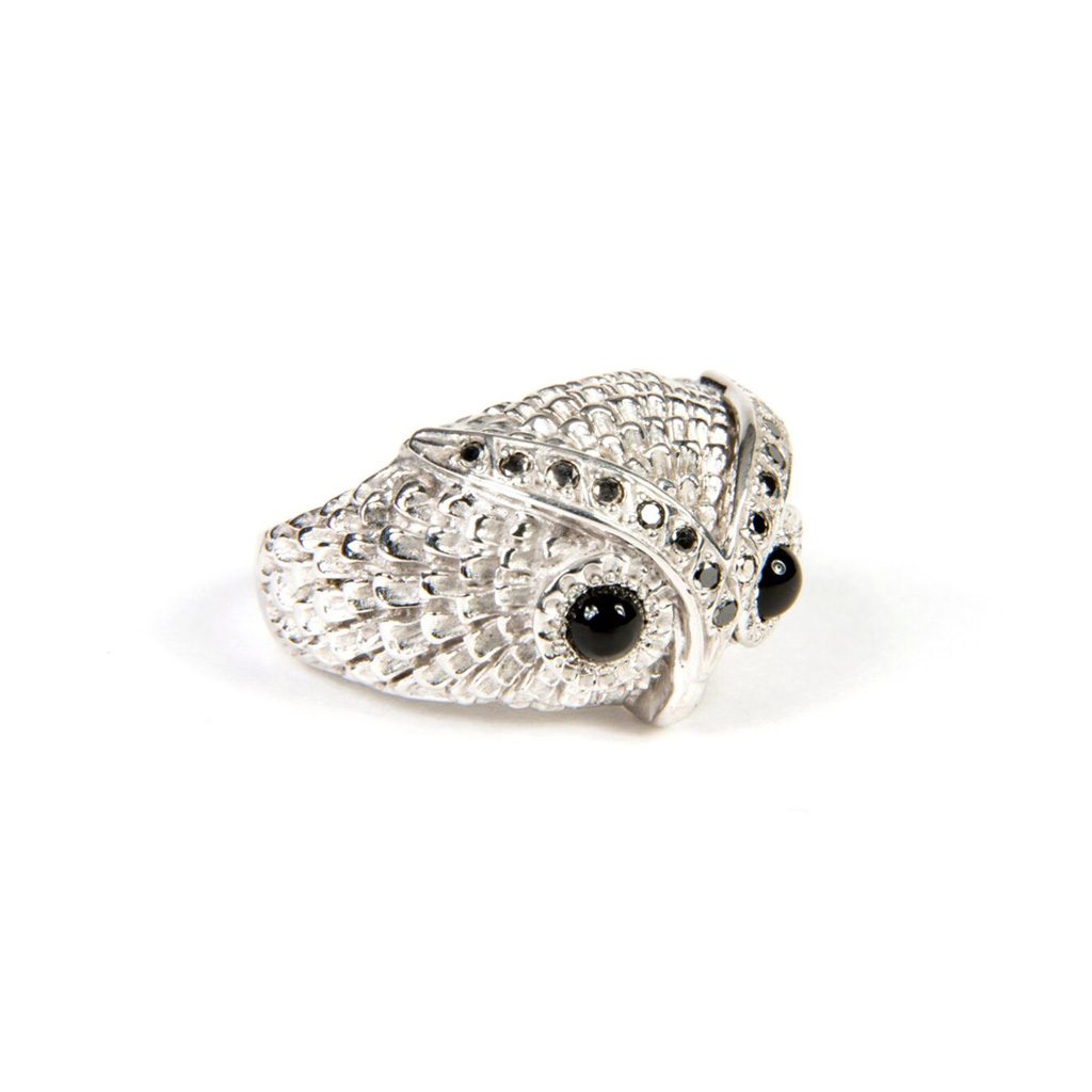 Silver, black diamond and onyx owl ring